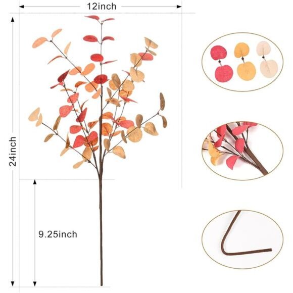 Fall Eucalyptus Stems Decor, 5Pcs 24" Faux Eucalyptus Branches Artificial Autumn - Picture 2 of 7